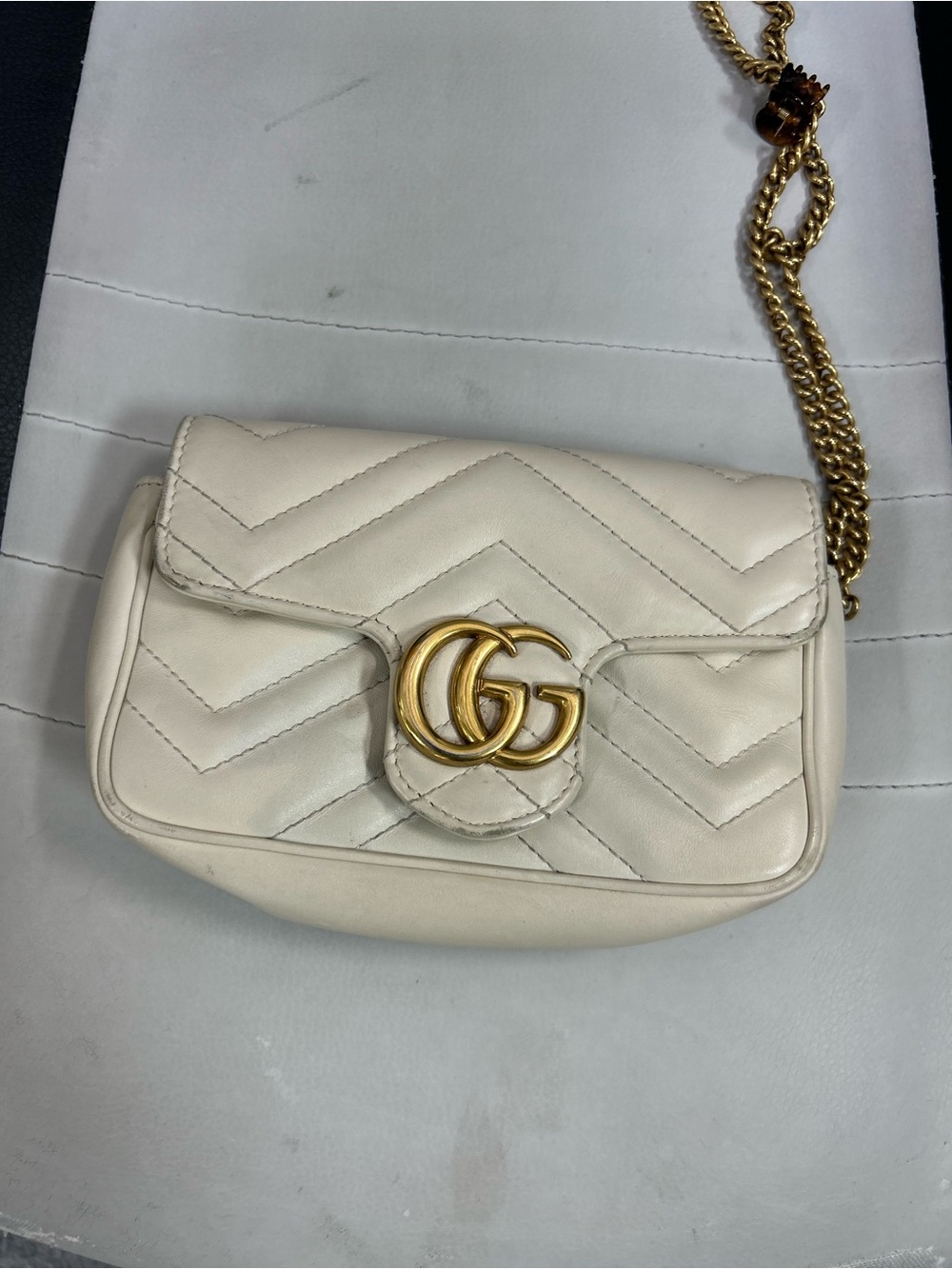 Gucci Cream Quilted GG Marmont Crossbody with Gold Chain
